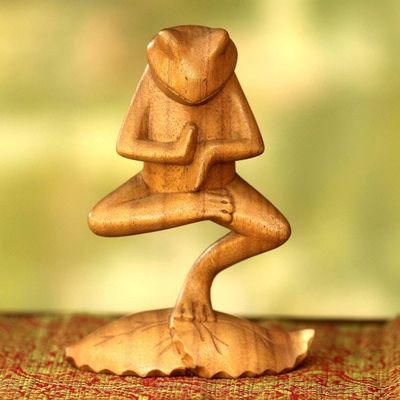 Main image for Hand Carved Animal Theme Wood Sculpture Yoga Tree Pose Frog
