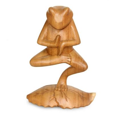 Alternate image for Hand Carved Animal Theme Wood Sculpture Yoga Tree Pose Frog
