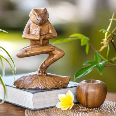Alternate image for Hand Carved Animal Theme Wood Sculpture Yoga Tree Pose Frog