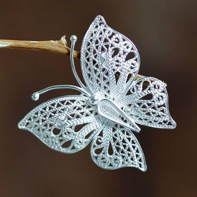 Alternate image for Filigree Butterfly Brooch Pin Handmade in Sterling Silver Catacaos Butterfly