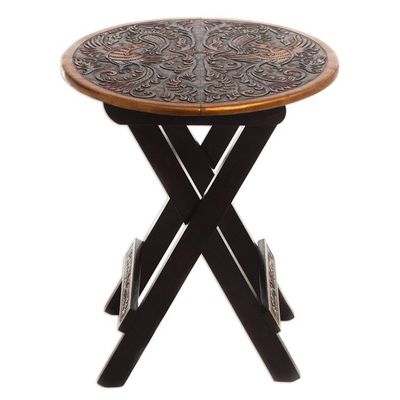 Alternate image for Hardwood Round Folding Table with Handtooled Leather Andean Birds