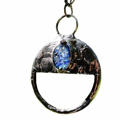 Alternate image for Magnifying Glass Necklace for Women, Blue Glass Opal Inset, Glass Magnifier Pendant, Useful Handmade Jewelry
