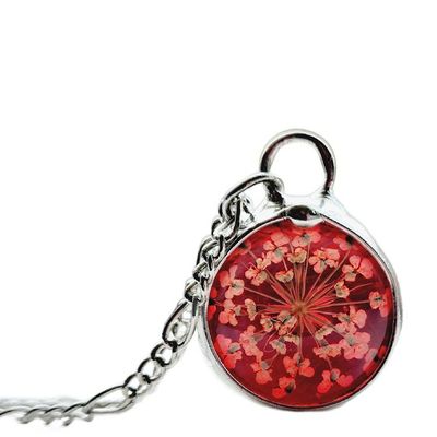 Alternate image for Red Stained Glass Pendant for Women, Pressed Flower Necklace, Queen Annes Lace, Snowflake Jewelry
