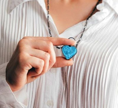 Alternate image for Chunky Glass Heart Necklace for Women, Thick Aqua Heart Pendant, Handmade Stained Glass Jewelry