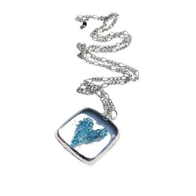 Alternate image for Blue Fused Glass Square, Heart Necklace for Women, Blue Bubble Heart Pendant, Handcrafted in USA