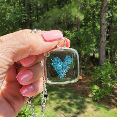 Alternate image for Blue Fused Glass Square, Heart Necklace for Women, Blue Bubble Heart Pendant, Handcrafted in USA