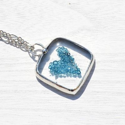 Alternate image for Blue Fused Glass Square, Heart Necklace for Women, Blue Bubble Heart Pendant, Handcrafted in USA