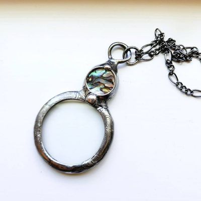Alternate image for Magnifier Pendant Jewelry, Abalone Inset, Magnifying Glass Necklace for Women, Gift for Reading Impaired