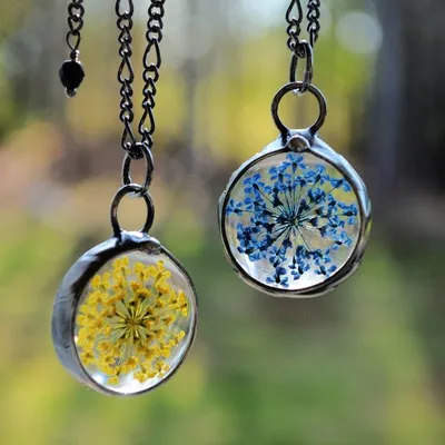 Alternate image for Yellow Queen Annes Lace Necklace Handmade Real Pressed Flower Botanical Glass Pendant