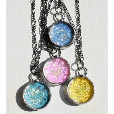 Alternate image for Yellow Queen Annes Lace Necklace Handmade Real Pressed Flower Botanical Glass Pendant