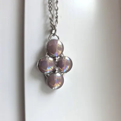 Alternate image for Iridescent Glass Necklace Handmade Pink Aurora Glass Pendant Four Stone Cluster