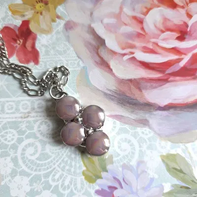 Alternate image for Iridescent Glass Necklace Handmade Pink Aurora Glass Pendant Four Stone Cluster