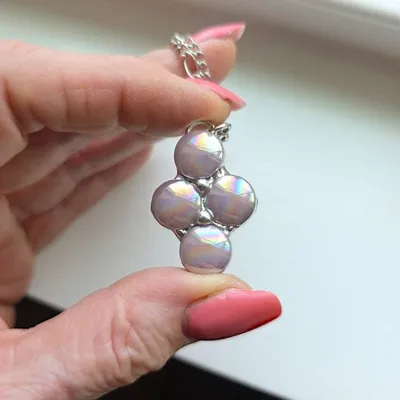 Alternate image for Iridescent Glass Necklace Handmade Pink Aurora Glass Pendant Four Stone Cluster