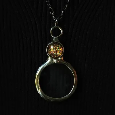 Alternate image for Magnifying Glass Necklace, Handmade Artisan Magnifier Pendant, Multicolored Iridescent Glass Accent