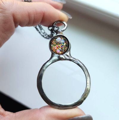 Alternate image for Magnifying Glass Necklace, Handmade Artisan Magnifier Pendant, Multicolored Iridescent Glass Accent