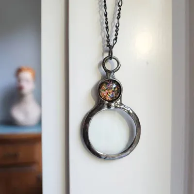 Alternate image for Magnifying Glass Necklace, Handmade Artisan Magnifier Pendant, Multicolored Iridescent Glass Accent