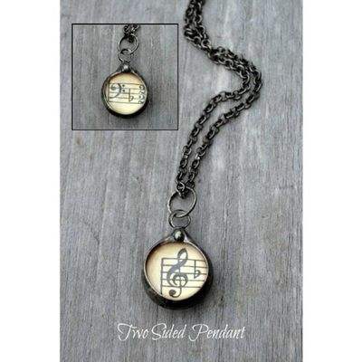 Alternate image for Vintage Sheet Music Necklace, Handmade Two Sided Music Note Pendant