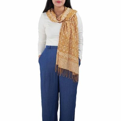 Main image for Handmade Batik Scarf, Soft Cotton, Frangipani, Kamboja, Yellow, Brown, Cream, Fall, Autumn
