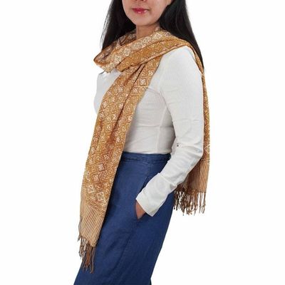 Alternate image for Handmade Batik Scarf, Soft Cotton, Frangipani, Kamboja, Yellow, Brown, Cream, Fall, Autumn