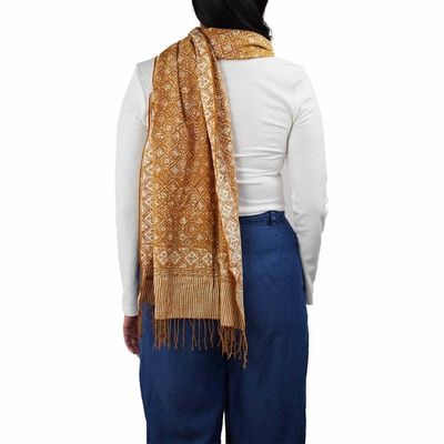 Alternate image for Handmade Batik Scarf, Soft Cotton, Frangipani, Kamboja, Yellow, Brown, Cream, Fall, Autumn