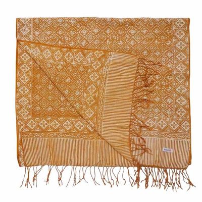 Alternate image for Handmade Batik Scarf, Soft Cotton, Frangipani, Kamboja, Yellow, Brown, Cream, Fall, Autumn