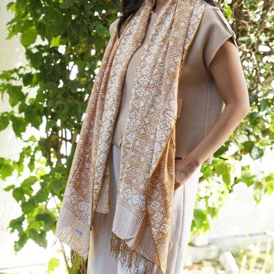 Alternate image for Handmade Batik Scarf, Soft Cotton, Frangipani, Kamboja, Yellow, Brown, Cream, Fall, Autumn