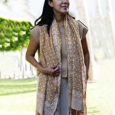 Alternate image for Handmade Batik Scarf, Soft Cotton, Frangipani, Kamboja, Yellow, Brown, Cream, Fall, Autumn