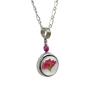 Alternate image for Dainty Pressed Flower Necklace, Handmade Small Pink Heather Charm Pendant