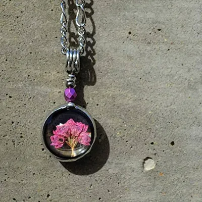 Alternate image for Dainty Pressed Flower Necklace, Handmade Small Pink Heather Charm Pendant
