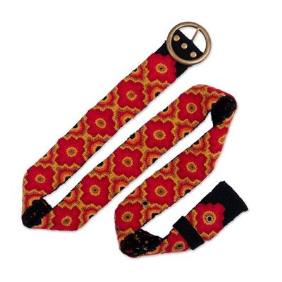 Alternate image for Chakana-Themed Red and Black 100 Wool Belt from the Andes Chakana Fire