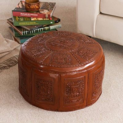 Alternate image for Fair Trade Traditional Leather Pouf Ottoman Cover Inca Light
