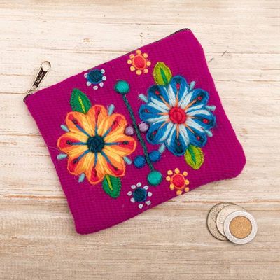 Alternate image for Handmade Zippered Alpaca Blend Coin Purse in Magenta Hues Magenta Bouquet