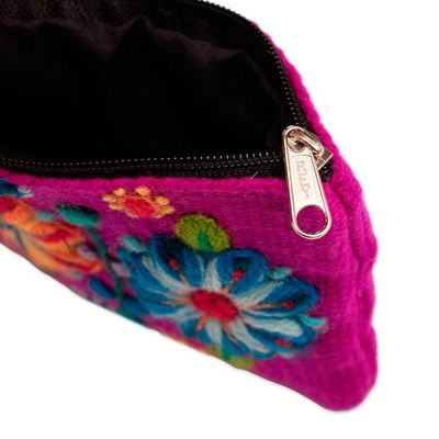 Alternate image for Handmade Zippered Alpaca Blend Coin Purse in Magenta Hues Magenta Bouquet