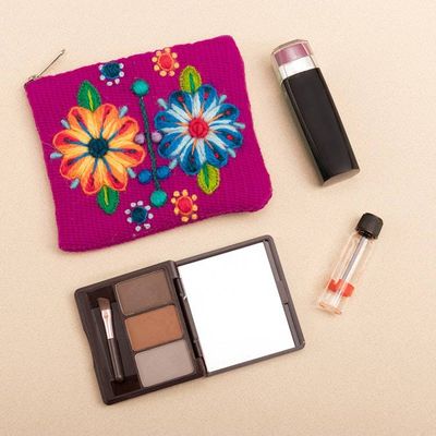 Alternate image for Handmade Zippered Alpaca Blend Coin Purse in Magenta Hues Magenta Bouquet