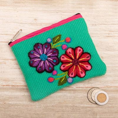 Alternate image for Spring-Themed Embroidered Alpaca Blend Coin Purse from Peru Spring in Turquoise