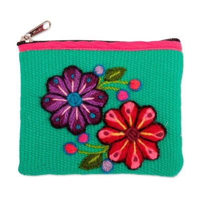 Alternate image for Spring-Themed Embroidered Alpaca Blend Coin Purse from Peru Spring in Turquoise