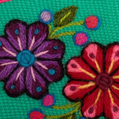 Alternate image for Spring-Themed Embroidered Alpaca Blend Coin Purse from Peru Spring in Turquoise