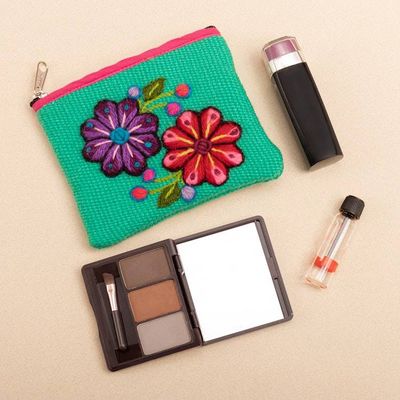 Alternate image for Spring-Themed Embroidered Alpaca Blend Coin Purse from Peru Spring in Turquoise