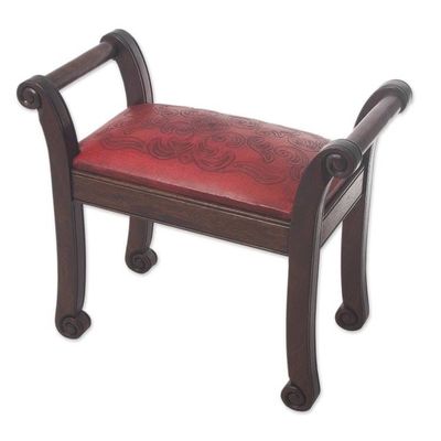Alternate image for Mohena Wood and Red Leather Bench from Peru Majestic Seat