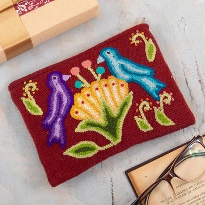 Alternate image for Bird and Flower-Themed Burgundy Wool Cosmetic Bag Burgundy Nature