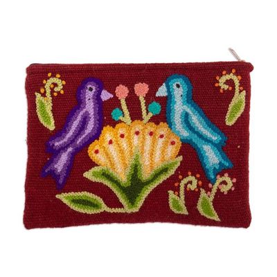 Alternate image for Bird and Flower-Themed Burgundy Wool Cosmetic Bag Burgundy Nature