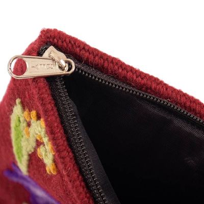 Alternate image for Bird and Flower-Themed Burgundy Wool Cosmetic Bag Burgundy Nature