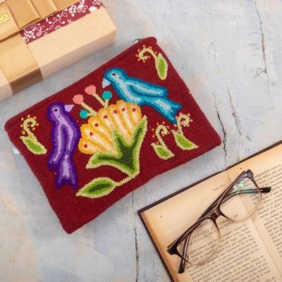 Alternate image for Bird and Flower-Themed Burgundy Wool Cosmetic Bag Burgundy Nature