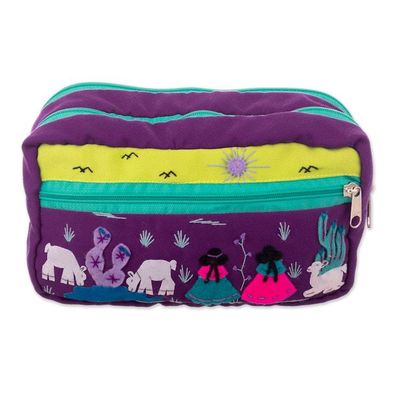 Alternate image for Cotton Blend Toiletry Bag with Applique Andean Motifs Llama Sunrise