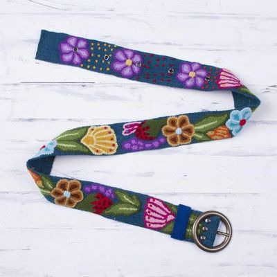 Alternate image for Embroidered Floral Wool Belt in Teal from Peru Garden Fashion in Teal