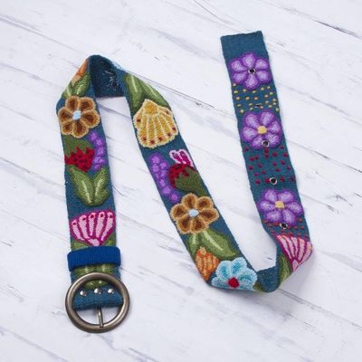 Alternate image for Embroidered Floral Wool Belt in Teal from Peru Garden Fashion in Teal