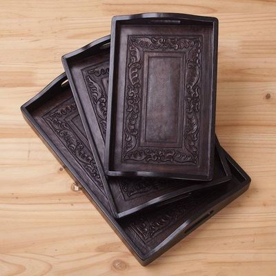Alternate image for Unique Leather and Wood Serving Trays Set of 3 Collector
