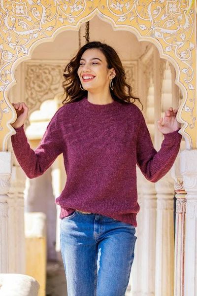 Main image for Raspberry Alpaca Blend Pullover Sweater with Knit Motifs Raspberry Revel