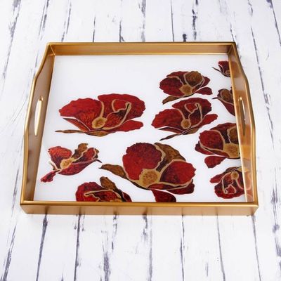 Alternate image for Reverse Painted Glass Tray with Poppy Motifs from Peru Gleaming Poppies in White