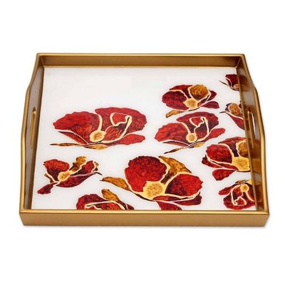 Alternate image for Reverse Painted Glass Tray with Poppy Motifs from Peru Gleaming Poppies in White